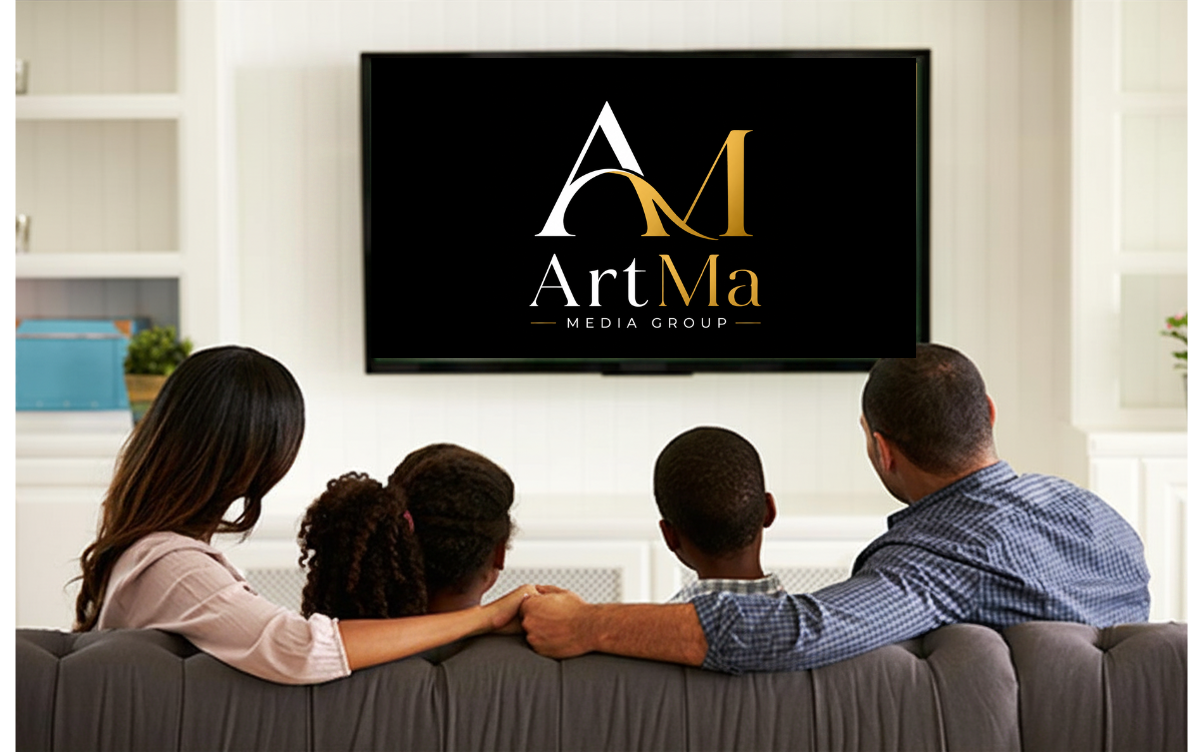 Family watching ArtMa Media Group CTV screen